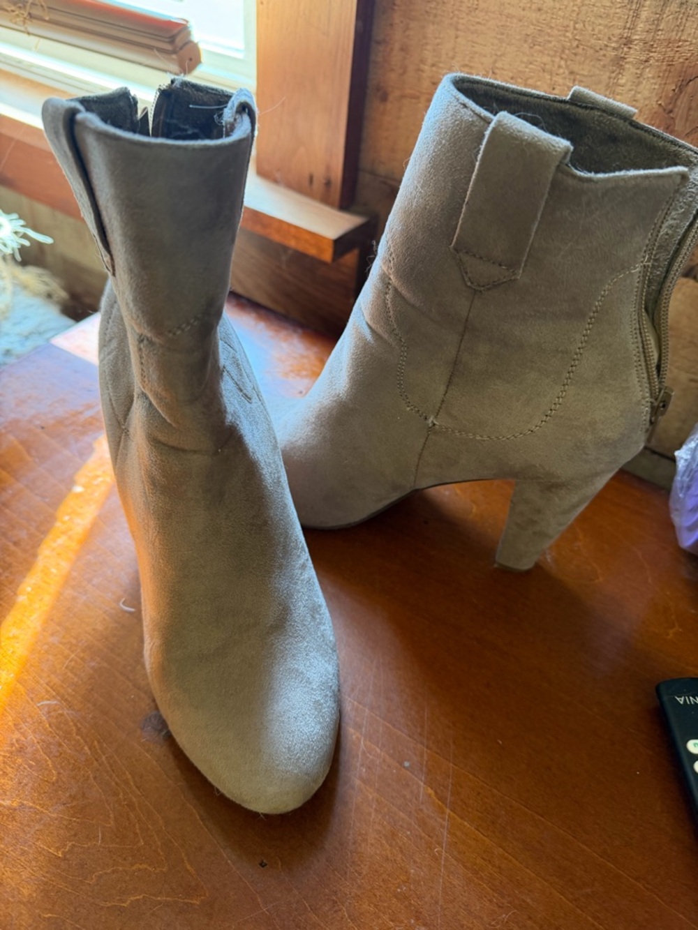 Shoe Dazzle Taupe Suede Block Heel Ankle Boots